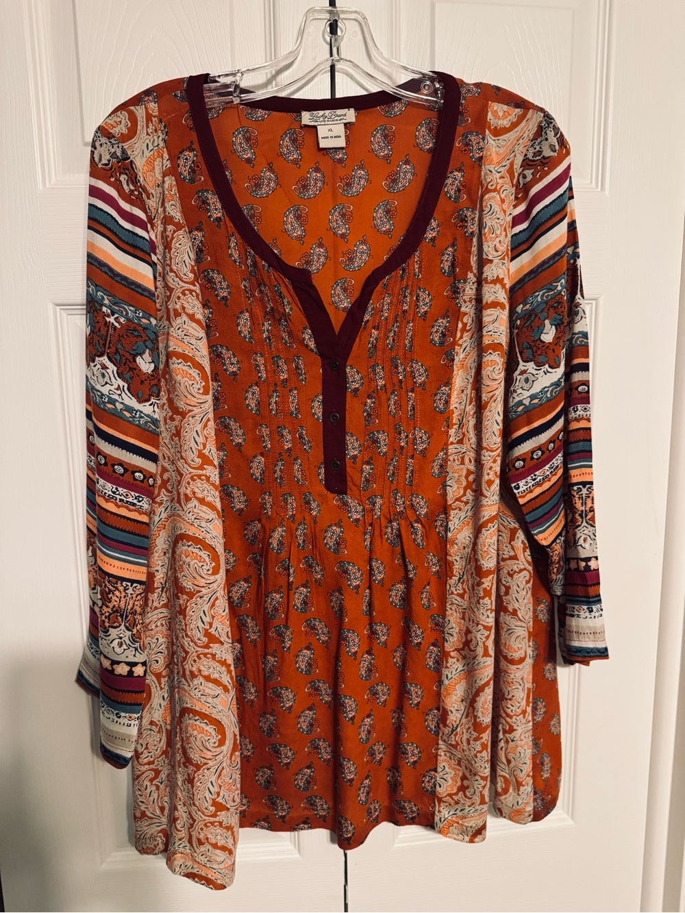 Lucky Brand Rust Paisley & Stripe Henley Tunic
